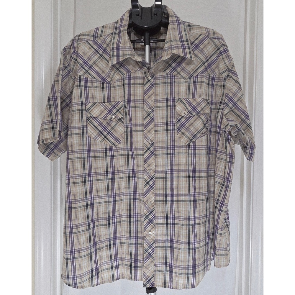Wrangler Wrancher Mens 3X Purple Tan Plaid Western Pearl Snap Shirt Rodeo